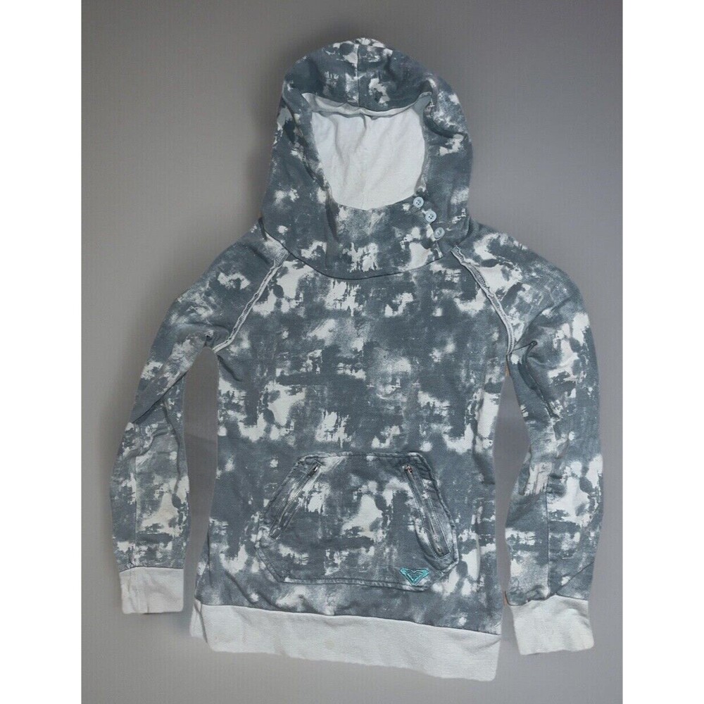 ROXY Y2K Blue Distressed Zip Kangaroo Pouch Button Hooded Sweatshirt